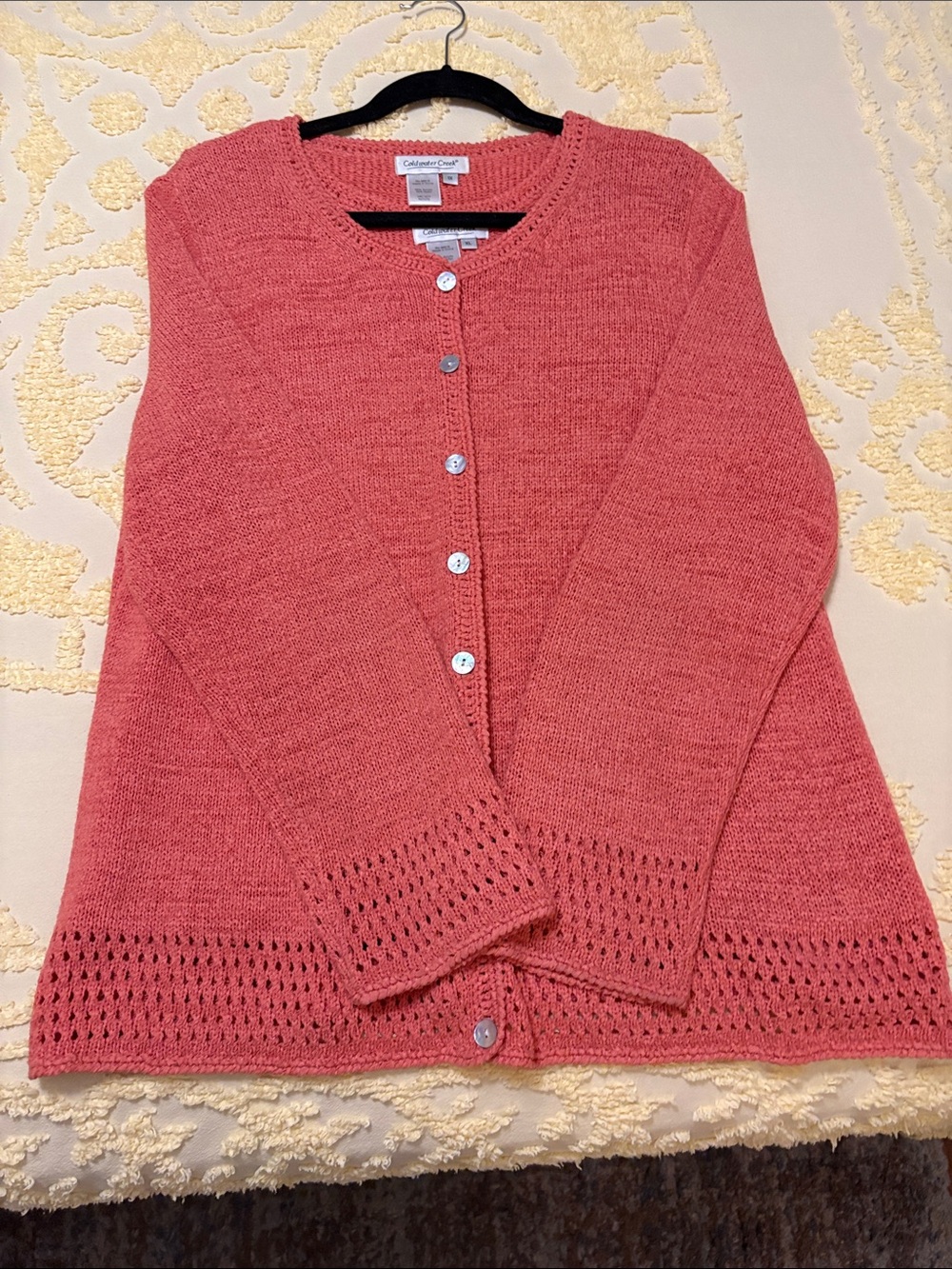 Coldwater Creek Coral Button-Front Eyelet Hem Cardigan-2 Piece Set-Coral